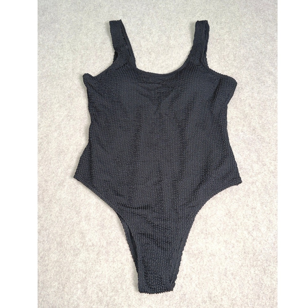 Womens Black Textured Crinkle One Piece Swimsuit Scoop Neck High Cut Size L
